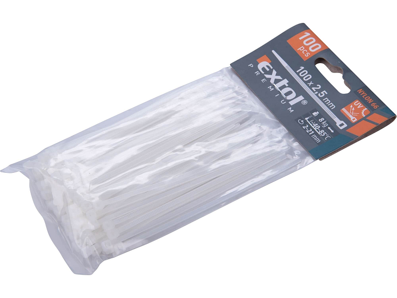 pásky stahovací na kabely bílé, 100x2,5mm, 100ks, nylon PA66