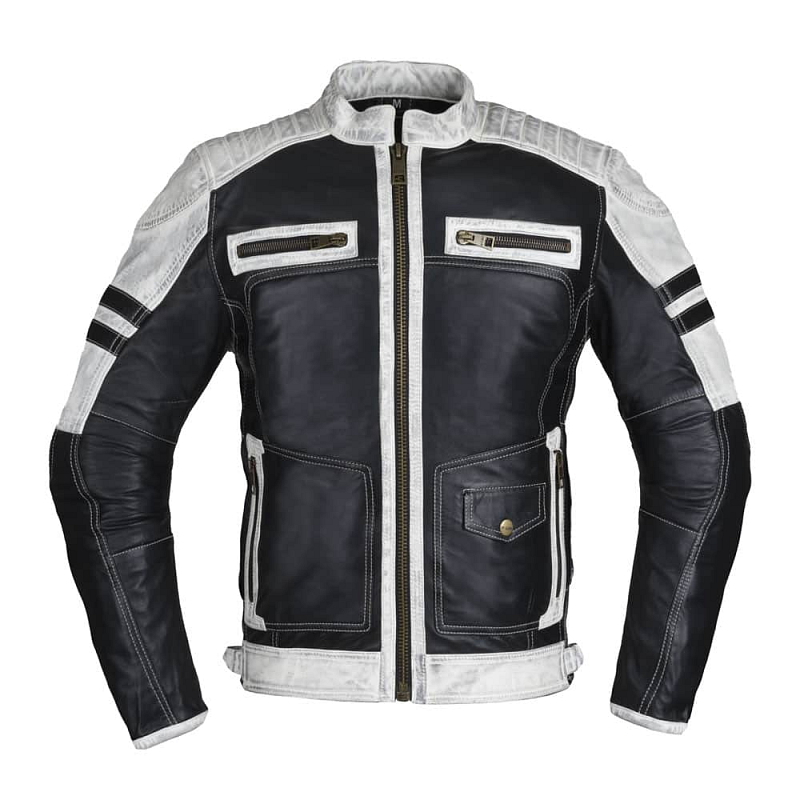 Pánská kožená bunda W-TEC Esbiker Barva černá s bílými pruhy, Velikost XXL