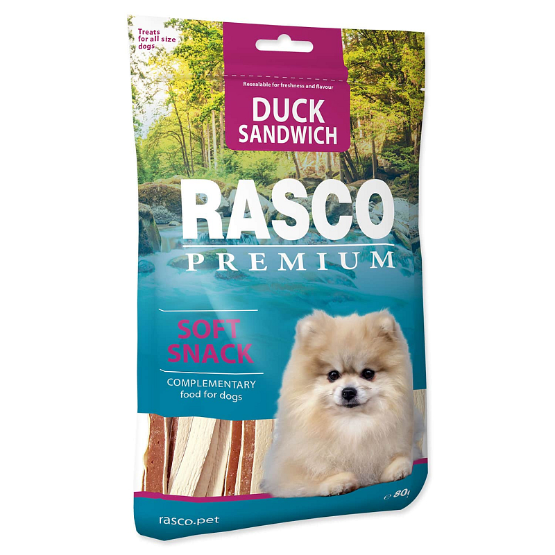 Pochoutka RASCO Premium sendviče z kachního masa a treskou 80 g