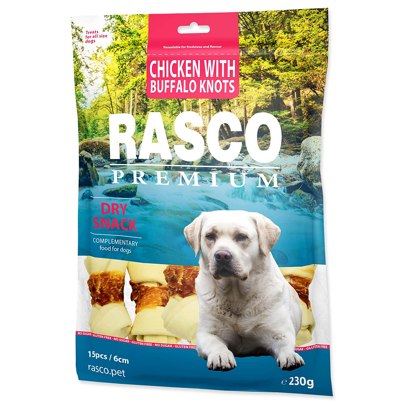Pochoutka RASCO Premium bůvolí uzle obalené kuřecím masem 6 cm 230 g