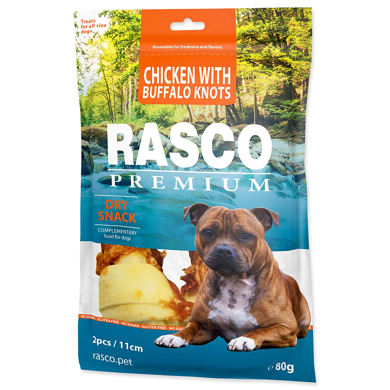 Pochoutka RASCO Premium bůvolí uzle obalené kuřecím masem 11 cm 80 g