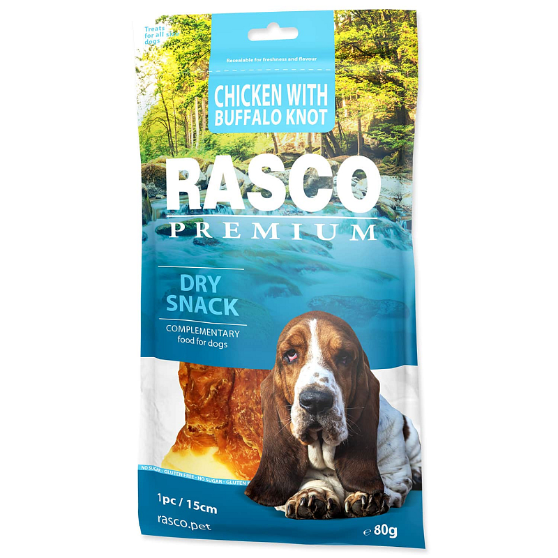 Pochoutka RASCO Premium bůvolí uzel obalený kuřecím masem 15 cm 80 g