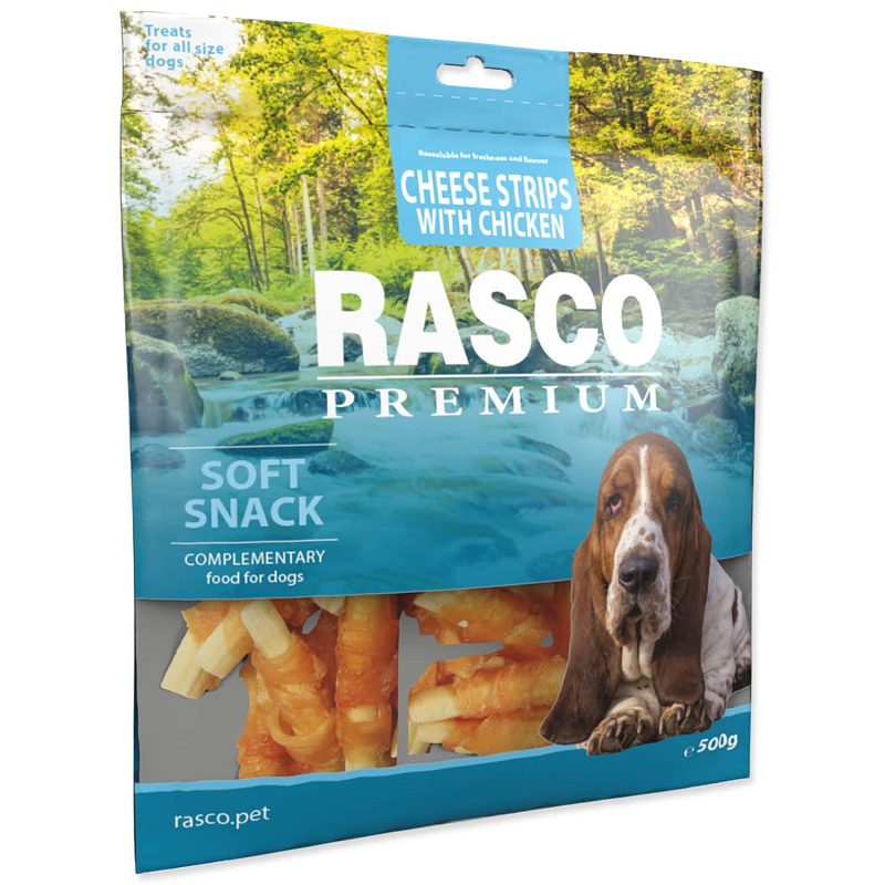 Pochoutka RASCO Premium proužky sýru obalené kuřecím masem 500 g