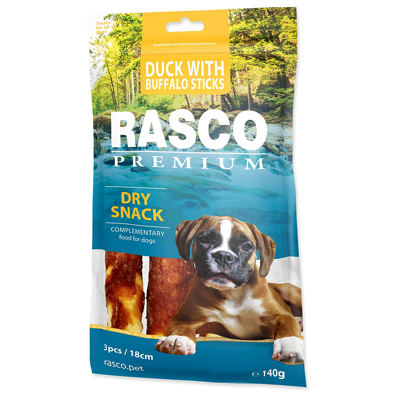 Pochoutka RASCO Premium bůvolí tyčinky obalené kachním masem 18 cm - 3 ks 140 g