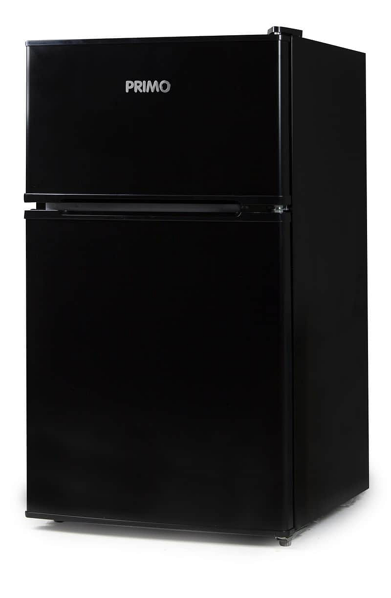 Lednice s mrazákem nahoře - černá - Primo PR107FR, Objem chladničky: 61 l, Objem mrazáku: 26 l, Třída: F