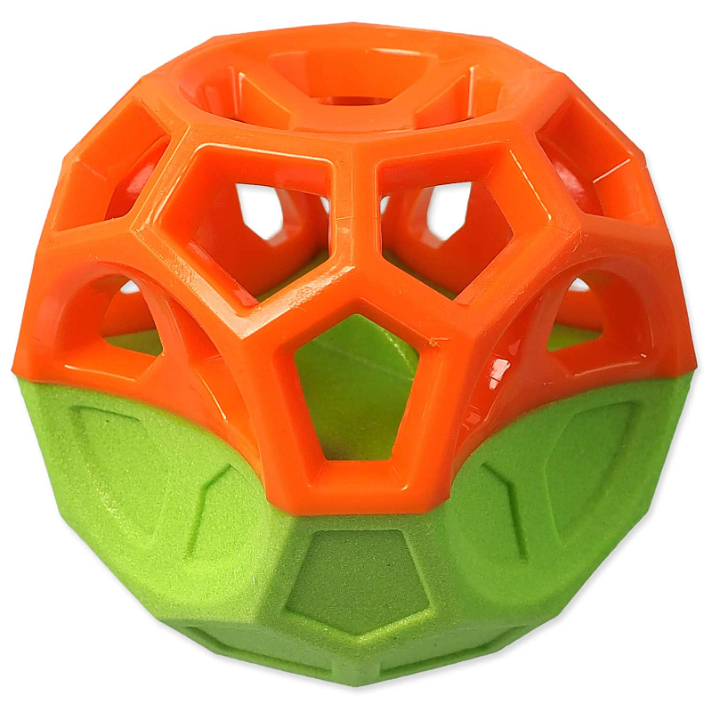 Hračka DOG FANTASY Míček s geometrickými obrazci pískací oranžovo-zelená 8,5 cm