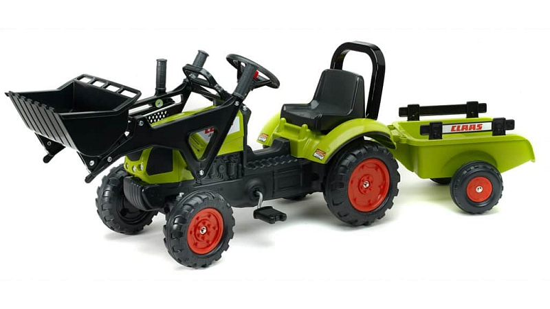 Traktor zelený Claas Arion 410 s valníkem a přední lžící