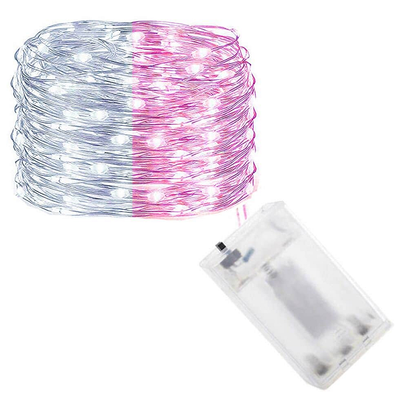 LED řetěz Nano Duo - 10m, 100LED, 3xAA, bílá/růžová